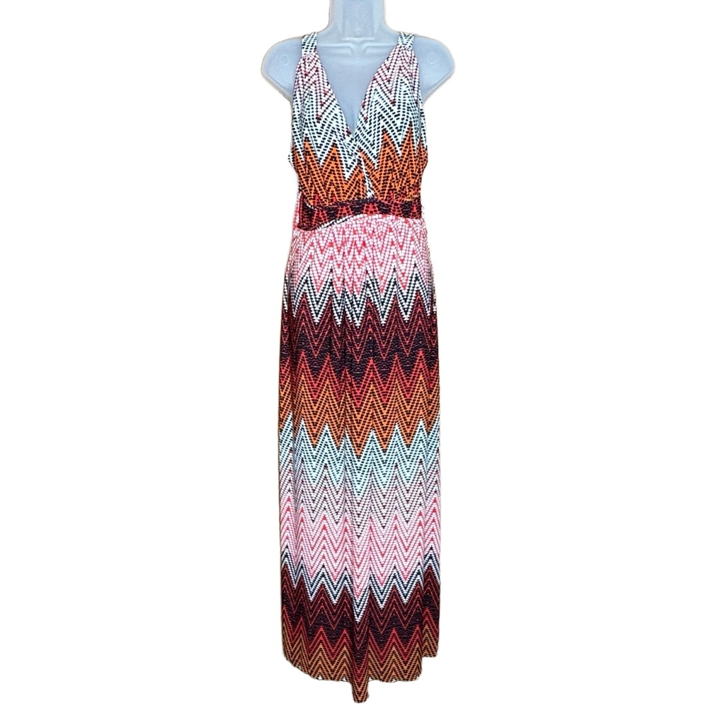 New Directions Dress Womens Large Maxi Sleeveless Chevron Boho Festival Earthy‎